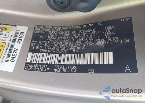 2010 Toyota Sienna Limited z USA, uszkodzony, nr VIN 5TDYK4CC3AS332779